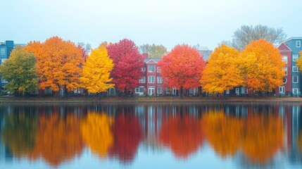 Obraz premium Vibrant autumn trees reflecting on a calm lake beside a picturesque cityscape