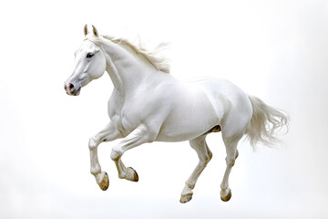 Beautiful white horse galloping isolated on white background