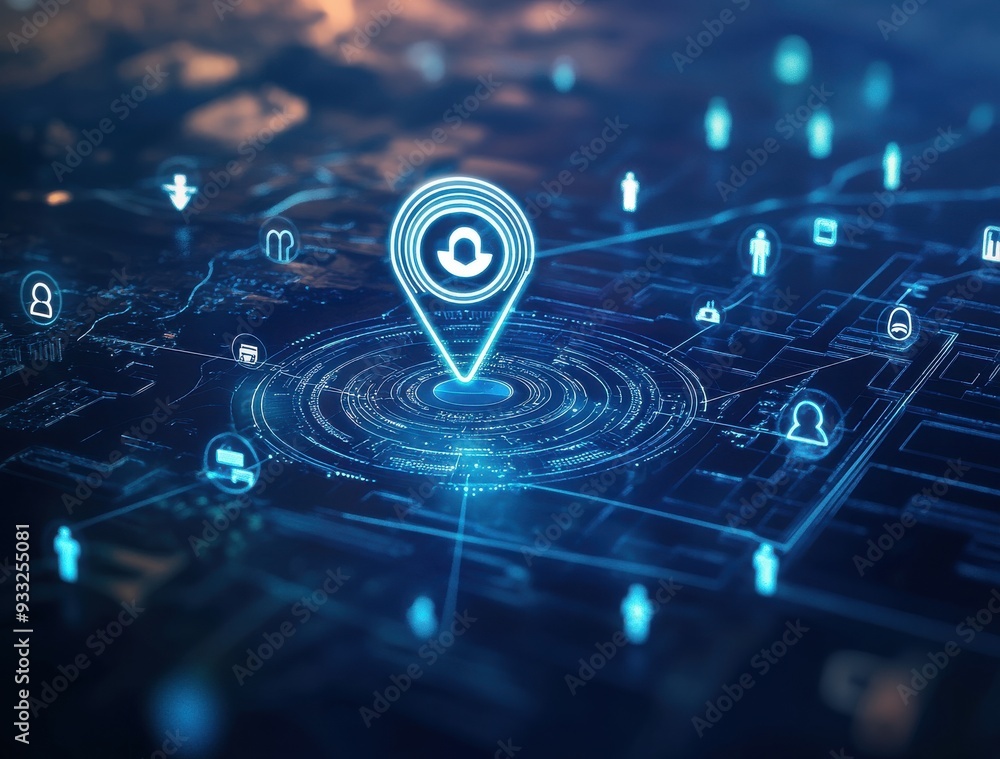 Poster futuristic digital location pin icon displayed on a virtual map interface with blue holographic effe