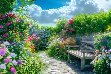 Serene garden with a wooden bench surrounded by vibrant flowers and green foliage under a bright blue sky with fluffy clouds.