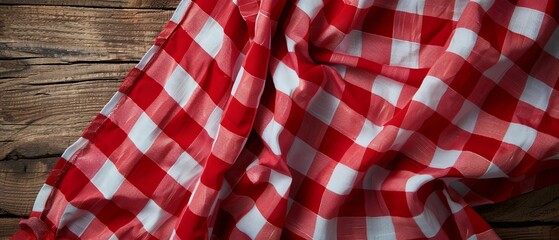 Fototapeta premium Red and white checkered tablecloth on wooden background creating a rustic and cozy atmosphere, great for dining and picnic themes.