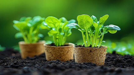 Young spinach plants growing in biodegradable pots on rich soil in a garden setting