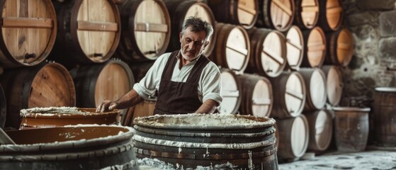 Elderly man in striped shirt and apron works in traditional workshop with wooden barrels, emphasizing artisanal craft and manual labor in rustic setting.
