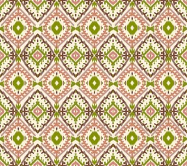 Yellow ethic traditional  boho print ikat abstract background. Ethnic tribal, boho tie colors seamless wallpaper. Motif ethnic handdrawn beautiful Ikat art. Ethnic abstract pink background