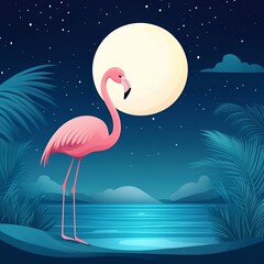 Illustration of a pink flamingo standing near a serene water body under a bright full moon and starry night sky.