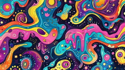Vibrant, abstract painting on black background features stars, planets, an octopus, eyes, and fluid shapes in various colors, evoking a dreamlike, imaginative world.