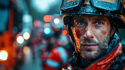 A man in futuristic gear with blue eyes and a gas mask stands amidst blurred lights and three red vehicles, hinting at a intense futuristic battle scene.