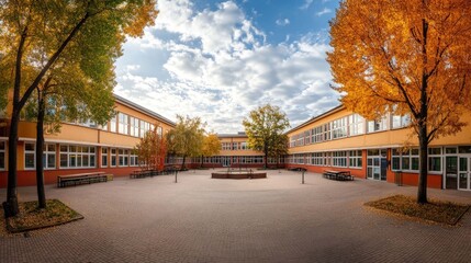 Fototapeta premium A school courtyard with a cobblestone walkway in the autumn. There are large trees around the perimeter. One tree has golden leaves and the others are starting to change color. 