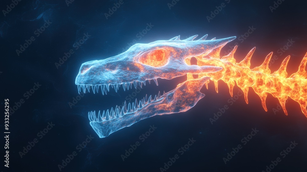 Poster mystical dragon skeleton with enchanting elements in 8k ultra high detail - fantasy theme with copy 