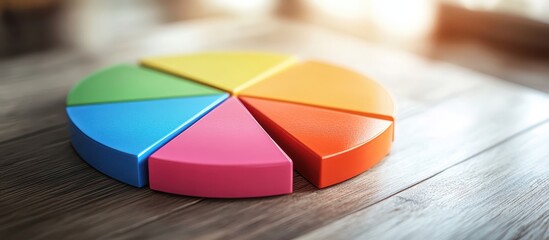 Fototapeta premium Colorful Wooden Pie Chart on Wooden Table with Sunlight Shining Through Window in Background