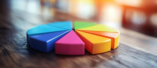 Fototapeta premium Colorful 3D Pie Chart on Wooden Table with Sunlight - Business Data Visualization Concept