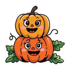 Cute Smiling Pumpkins with Leaves Cartoon Illustration
