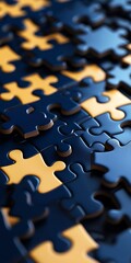 Image of Closeup of blue and yellow puzzle pieces interlocked.