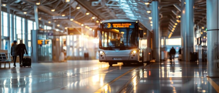 Vibrant airport scene: shuttle bus, passengers, corridor movement. Individual with suitcase, bustling atmosphere, airport lighting, well-organized space.