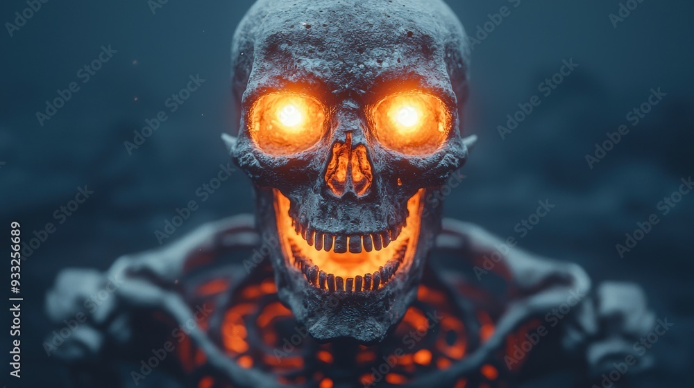 Poster intricate skeleton of mythical beast with glowing eyes in 8k detail - copy space for text