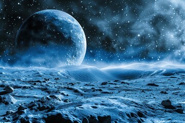Planet in the sky against the backdrop of the full moon. The scene takes place on a rocky, barren surface. The sky is filled with stars and the atmosphere is dark and blue.