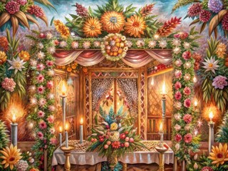 Fototapeta premium Vibrant watercolor illustration of a festive Sukkah, adorned with lush greenery, colorful flowers, and intricate designs, symbolizing joy and gratitude during Sukkot celebrations.