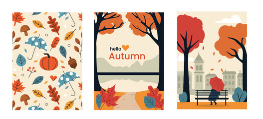 Fototapeta premium Autumn season concept set. Posters collection with woman holding umbrella in park, beautiful fall landscape and pattern. Hand drawn vector illustration.