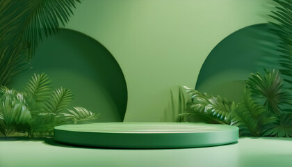 Obraz premium Podium green for product showcase for environment tropical summer and platform lighting shadow presentation background.Generative AI