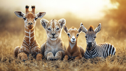 Adorable Quartet: Giraffe, Lion Cub, Baby Goat, and Zebra in African Field