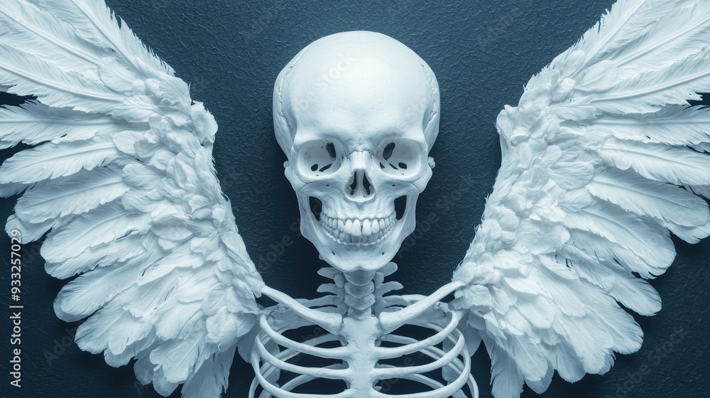 Poster eerie skeleton with ethereal wings illustrating mystical powers - high detail 8k image with copy spa