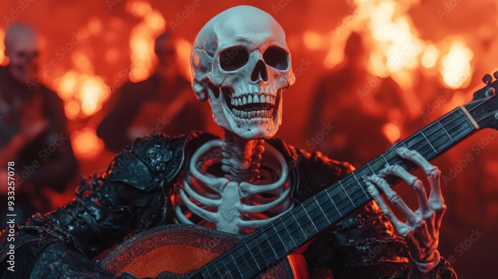 Poster ethereal skeleton bard playing enchanted lute on cosmic background with copy space, high detail 8k a
