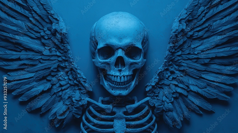 Poster otherworldly skeleton with ethereal wings - high detail 8k image with copy space for text