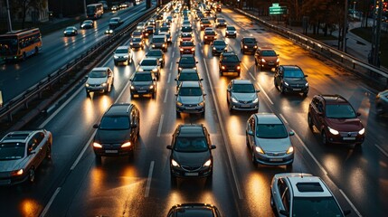 Busy highway at night with cars of various colors and types, headlights casting a warm glow on the wet road. Lively urban scene with heavy traffic.