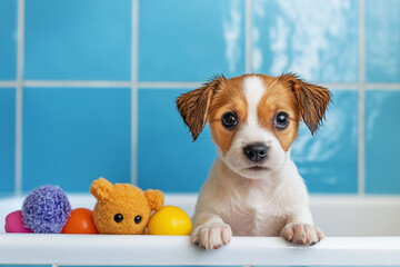 Small wet puppy with toys in a bath against a blue tiled background. The playful and fresh atmosphere makes the image perfect for themes related to pets and cleanliness.
