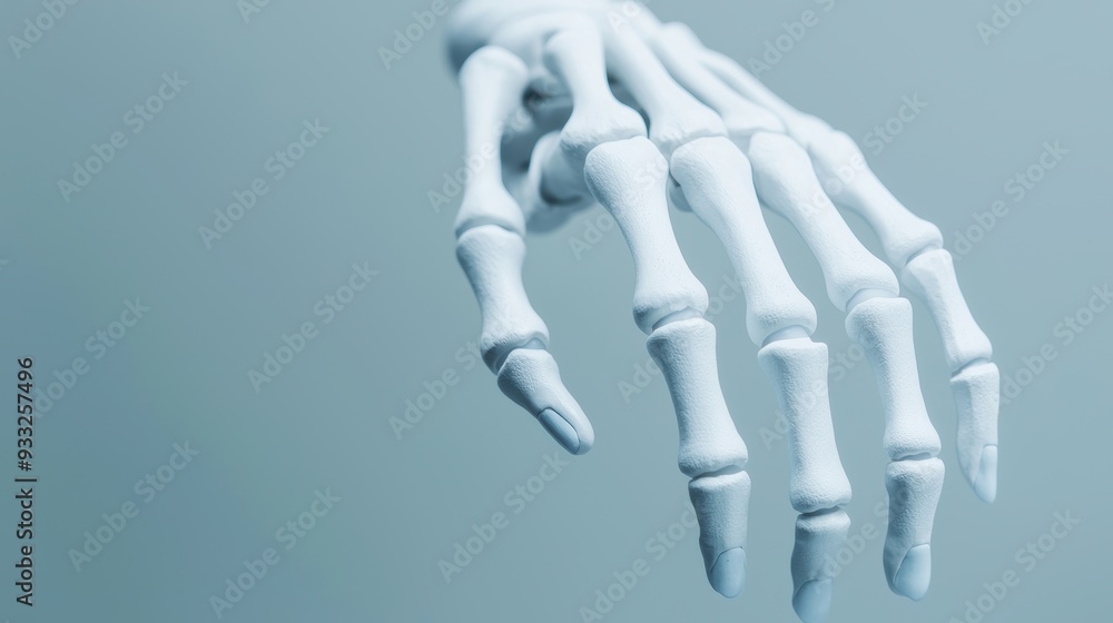Poster artistic rendering of joint replacements and prosthetics in detailed skeletal anatomy with copy spac