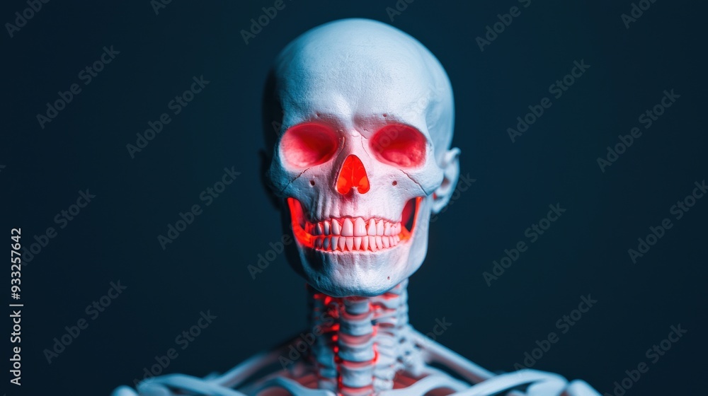 Poster detailed anatomy of a skeleton with highlighted pain areas and copy space for text in 8k resolution