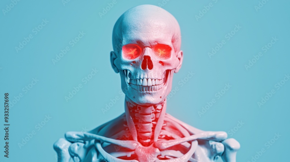 Poster detailed artistic rendering of skeleton highlighting pain and injury areas with copy space for text,