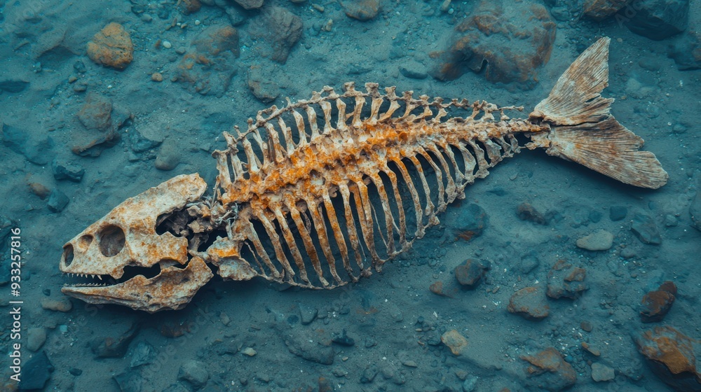 Poster ancient prehistoric fish fossil, detailed visualization of early aquatic life with copy space for te