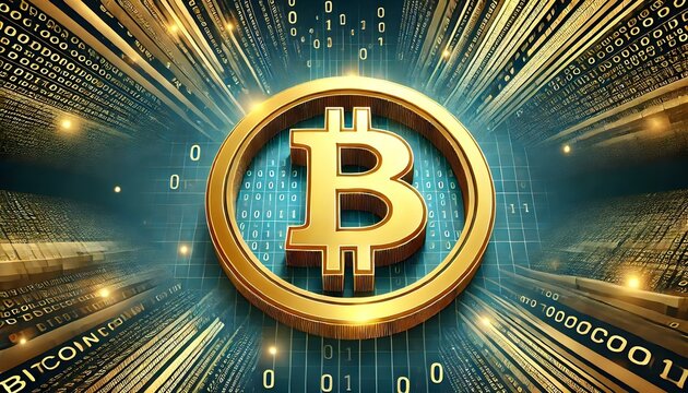 Golden Bitcoin symbol with digital binary code background - Powered by Adobe