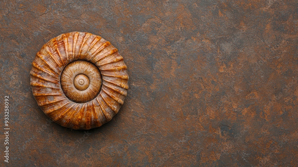 Poster mesmerizing fossilized sea creature with intricate shell patterns in 8k high detail - copy space for