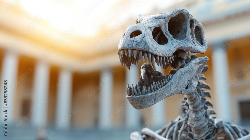 Poster prehistoric beauty: detailed artistic rendering of fossilized skeleton in museum display with copy s