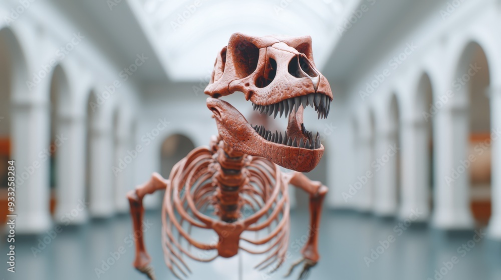 Poster prehistoric exhibit: fossilized skeleton in museum display with copy space, 8k high detail