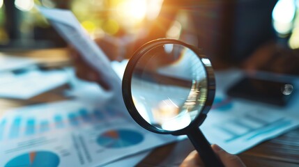 Fototapeta premium Close-up of a magnifying glass and financial documents, focusing on analysis and business data evaluation, in a bright, sunlit office.