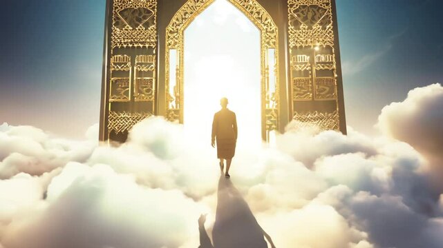 Silhouette of man walking on fluffy white clouds in sky to beautiful golden gates of heaven. Man going to door, entrance to paradise. Faith belief in life after death. End of road. Beginning afterlife