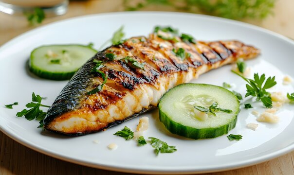 fish grilled as and cucumber slice , Generative AI - Powered by Adobe