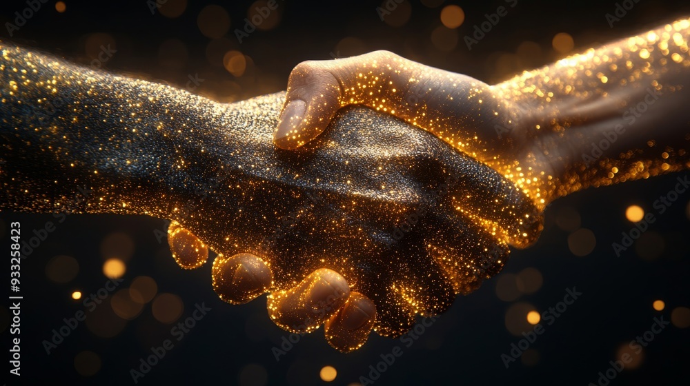 Poster two hands meet in a handshake adorned with glittering particles, representing partnership and connec