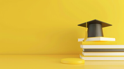 Mockup for digital graduate certificate with book with graduation hat. 3d style. Pastel yellow colors. Generative AI