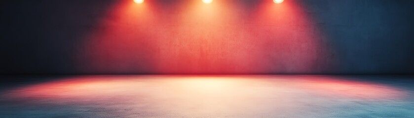 Red spotlights illuminate an empty stage with a dark background.