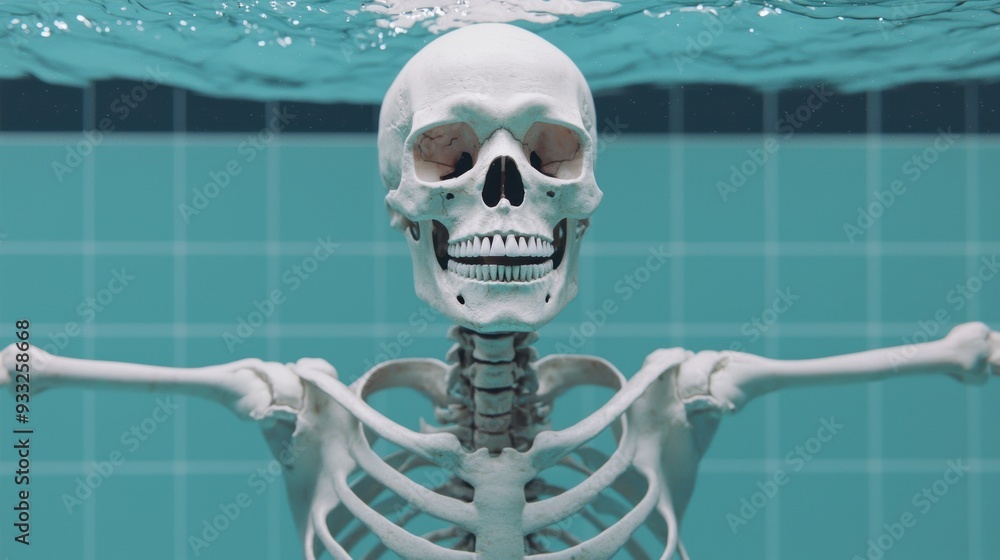 Poster skeleton swimming pose - high detail exploration of aquatic movement with copy space for text in 8k 