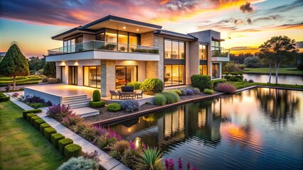 Obraz premium Modern luxurious villa with sleek architecture and beautifully landscaped gardens overlooking a serene lake in a tranquil suburban neighborhood at sunset.