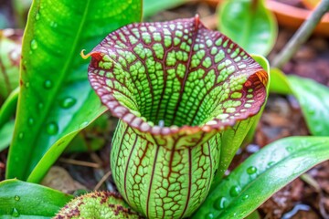 Vibrant carnivorous green pitcher plant with intricate veins and nectar droplets waits patiently to ensnare and devour unsuspecting insects in its slippery trap.