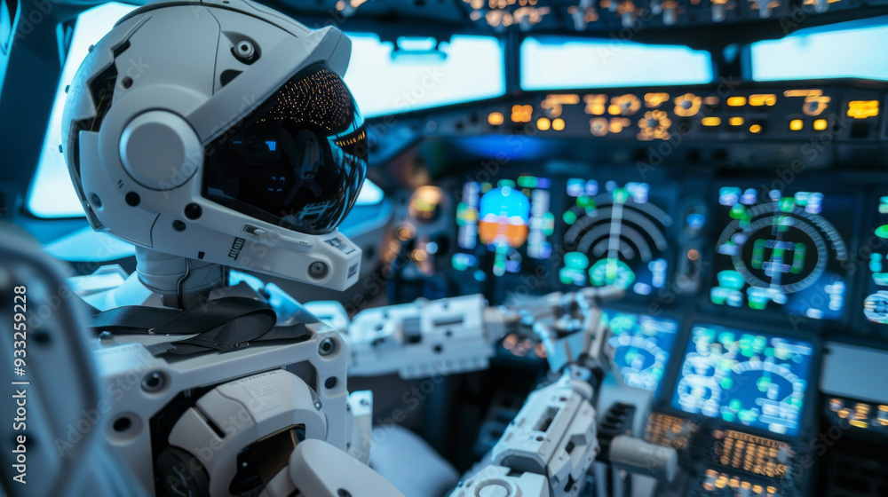 Aufkleber A robot pilot is engaged in operating an advanced cockpit filled with intricate controls and digital displays