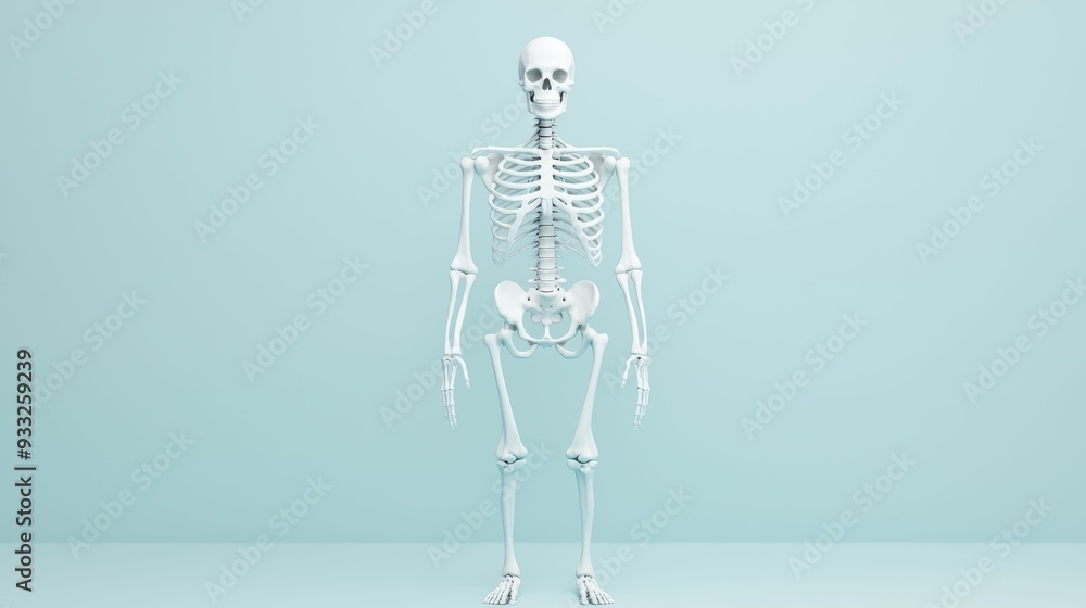 Poster graceful balance: artistic 8k rendering of skeletal posture in standing position with copy space for