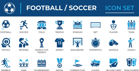 Football and Soccer Icon Set. Editable icons include football, goal, icon, team, medal, soccer, coach, competition, player, stadium, and trophy.
