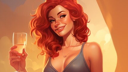 . Red-haired lady in lingerie with wine, a portrait of beauty and luxury in intimate setting.
